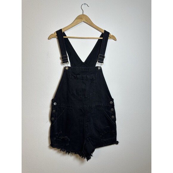 Show Me Your Mumu Denim Romper Jumpsuit Black Denim Sleeveless Shorts Overalls M - Picture 1 of 9
